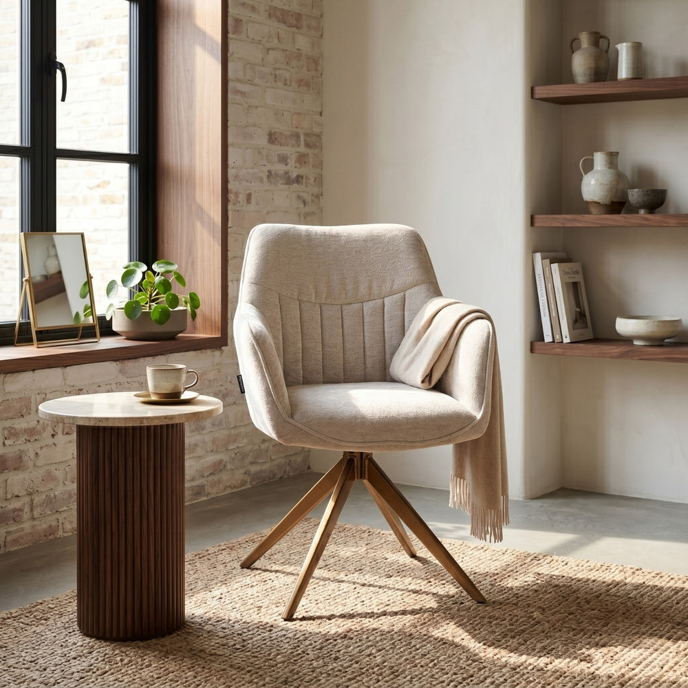 New Yade Esszimmerstuhl - Beige Chenille - Goldene Beine - 180° drehbar