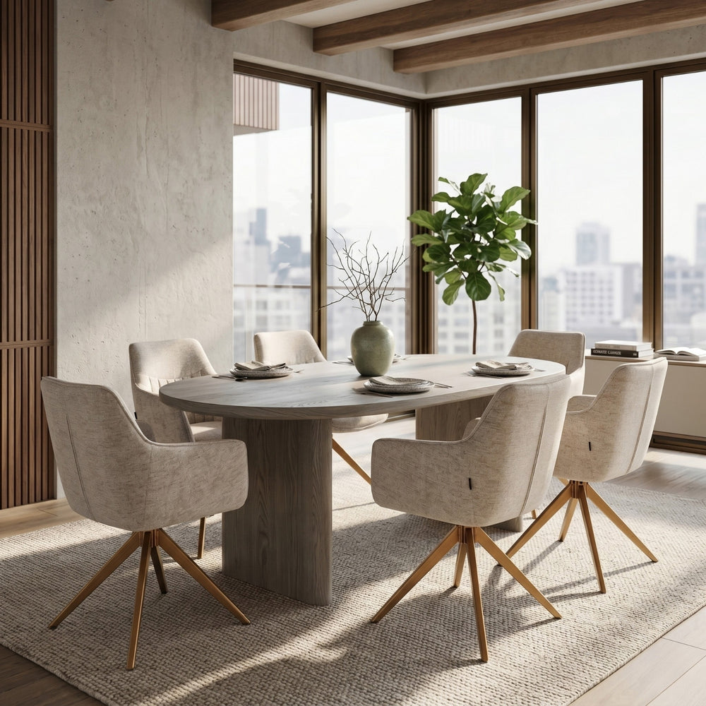 New Yade Esszimmerstuhl - Taupe-Chenille - Goldene Beine - 180° drehbar