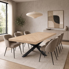 Visgraat Eettafel Beige Eiken 220x98 cm – Robuuste Matte Afwerking – Zwarte Spinpoot