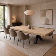 Visgraat Eettafel Beige Eiken 220x98 cm – Robuuste Matte Afwerking – Zwarte X-Poten