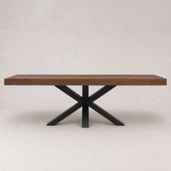 Visgraat Eettafel Walnoot 220x98 cm – Robuuste Matte Afwerking – Zwarte Spinpoot