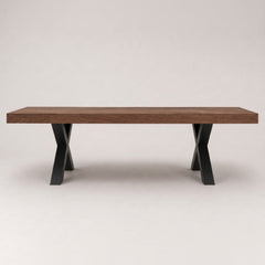 Visgraat Eettafel Walnoot 220x98 cm – Robuuste Matte Afwerking – Zwarte X-Poten