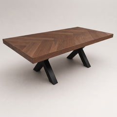 Visgraat Eettafel Walnoot 180x98 cm – Robuuste Matte Afwerking – Zwarte X-Poten