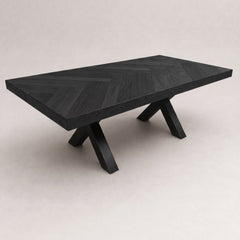 Visgraat Eettafel Zwart 220x98 cm – Robuuste Matte Afwerking – Zwarte X-Poten