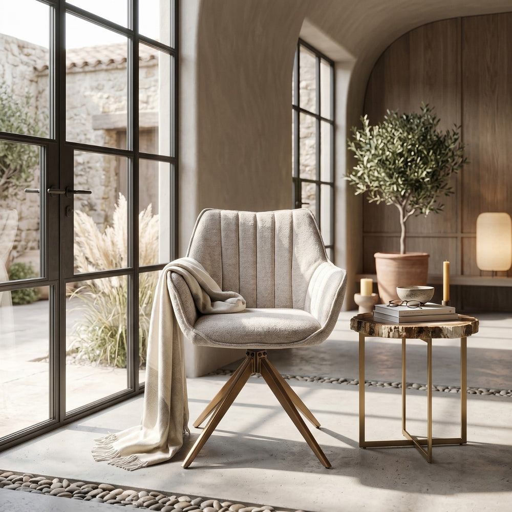 Yasmin Esszimmerstuhl - Taupe Chenille - Goldene Beine - 180° drehbar